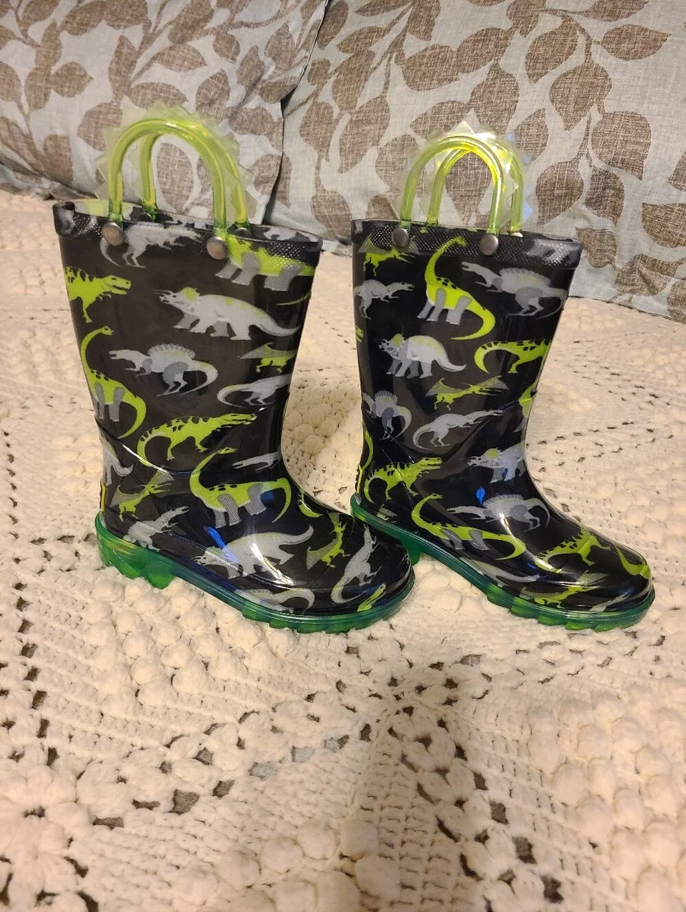 Kids Dinosaur Rain Boots - Black with Neon Green and Gray Dino Print